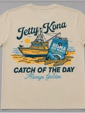 Unisex Adult Kona Big Wave Catch of the Day' Graphic Tee - Cream NWOT